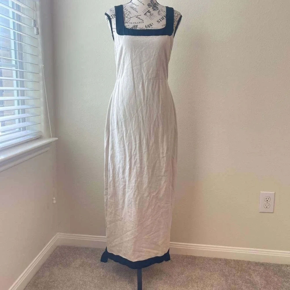 Abercrombie & Fitch Womens Small Linen Blend Square Neck Maxi Dress Beige Navy